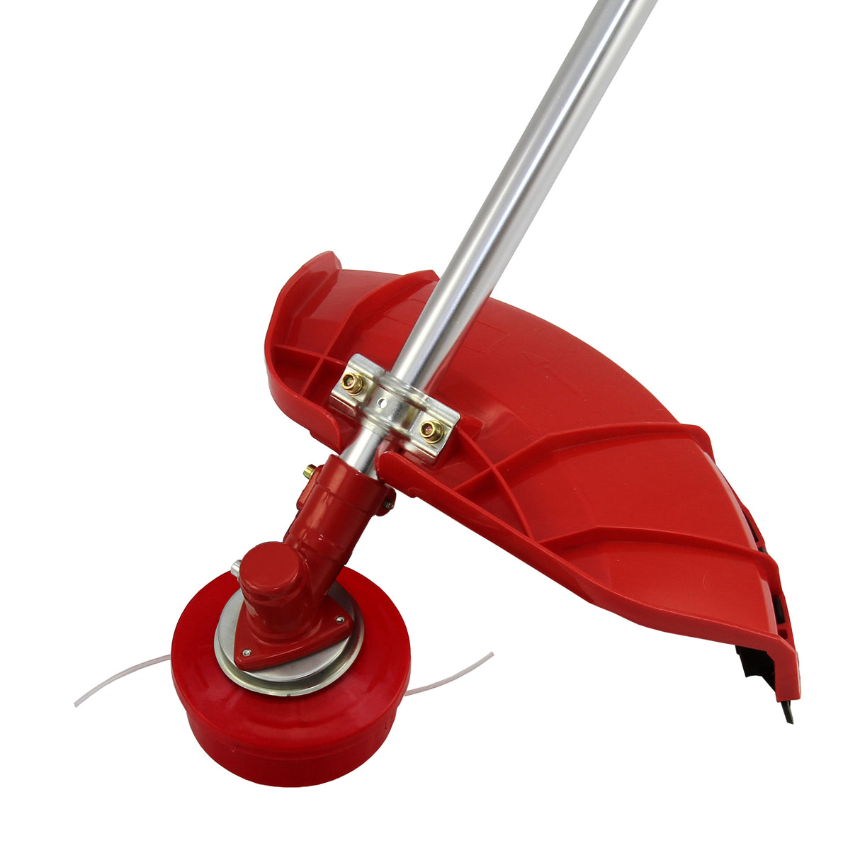 Rotes 5-in-1-Multifunktionswerkzeug mit robustem Metallkopf, Kunststoffabdeckung und flexibler Schnur für vielseitige Gartenarbeiten