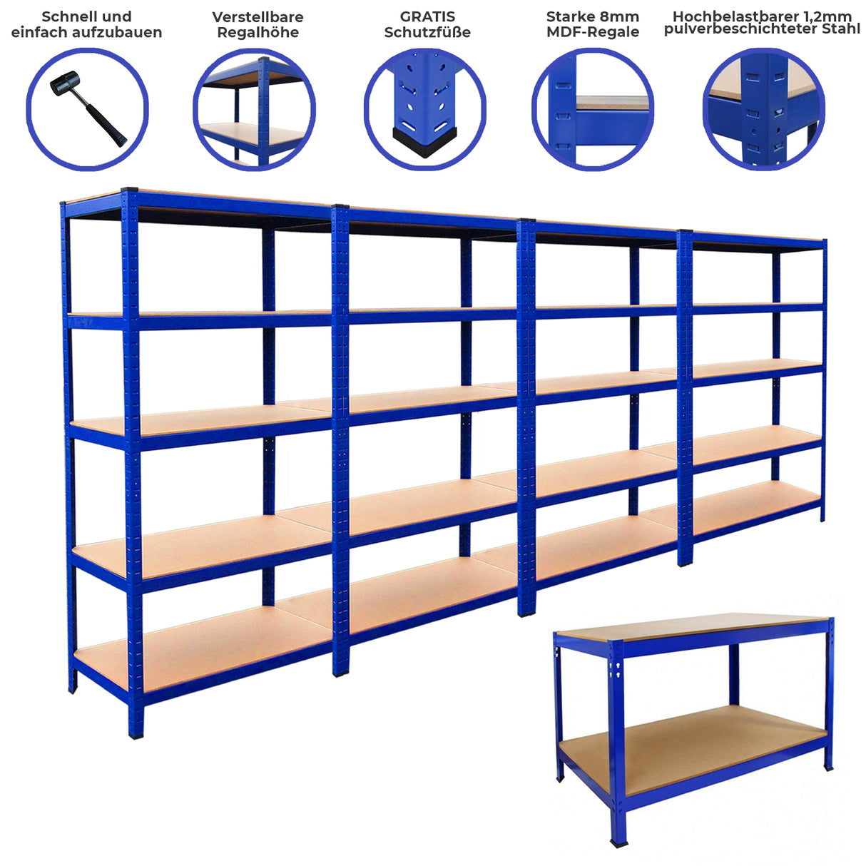 4x T-Rax Lagerregal 90cm Blau & Q-Rax Werkbank 120cm Blau im Set