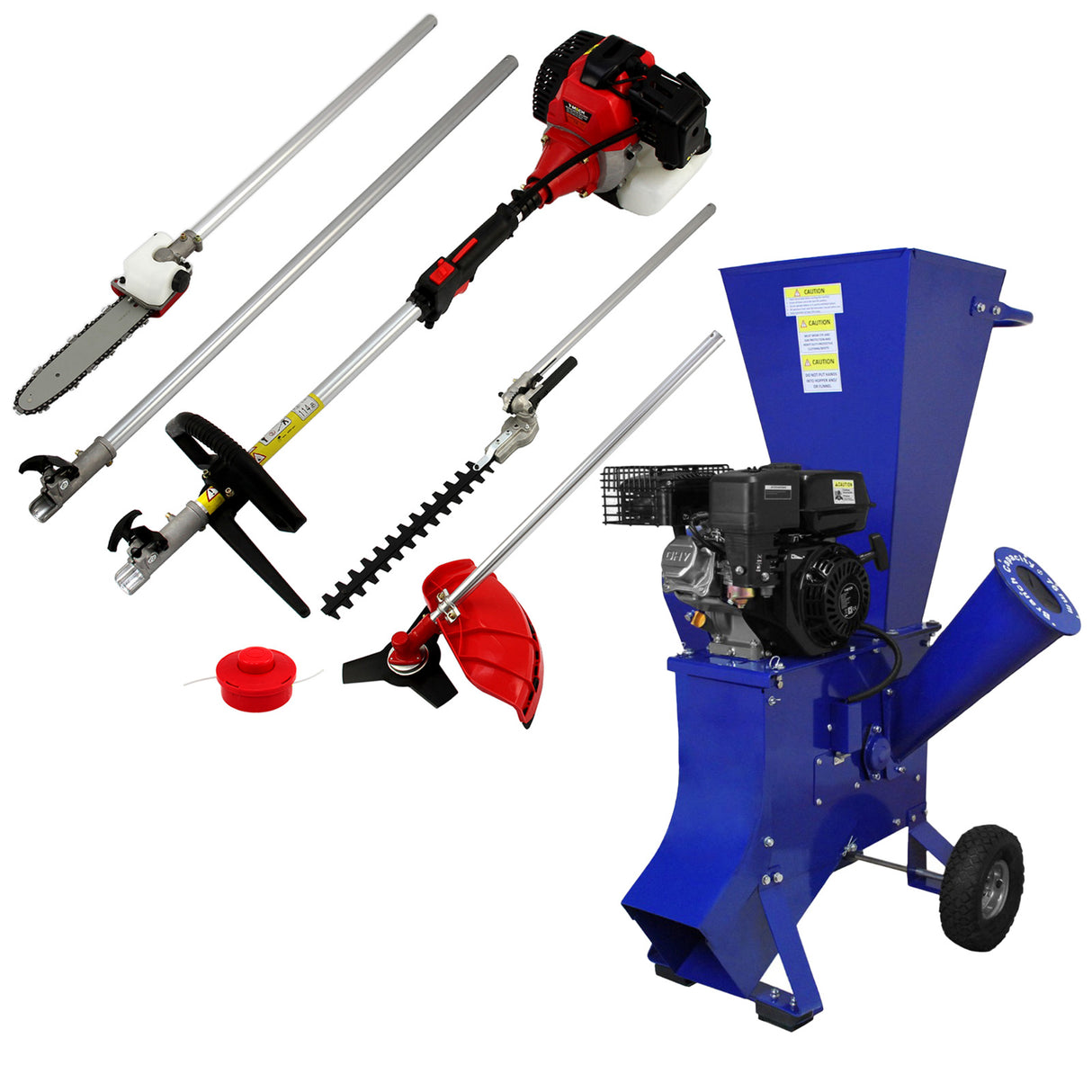 Multifunktionswerkzeug in Rot und Schwarz mit verschiedenen Aufsätzen, neben einem blauen Holzhäcksler mit einem leistungsstarken Motor und robustem Design