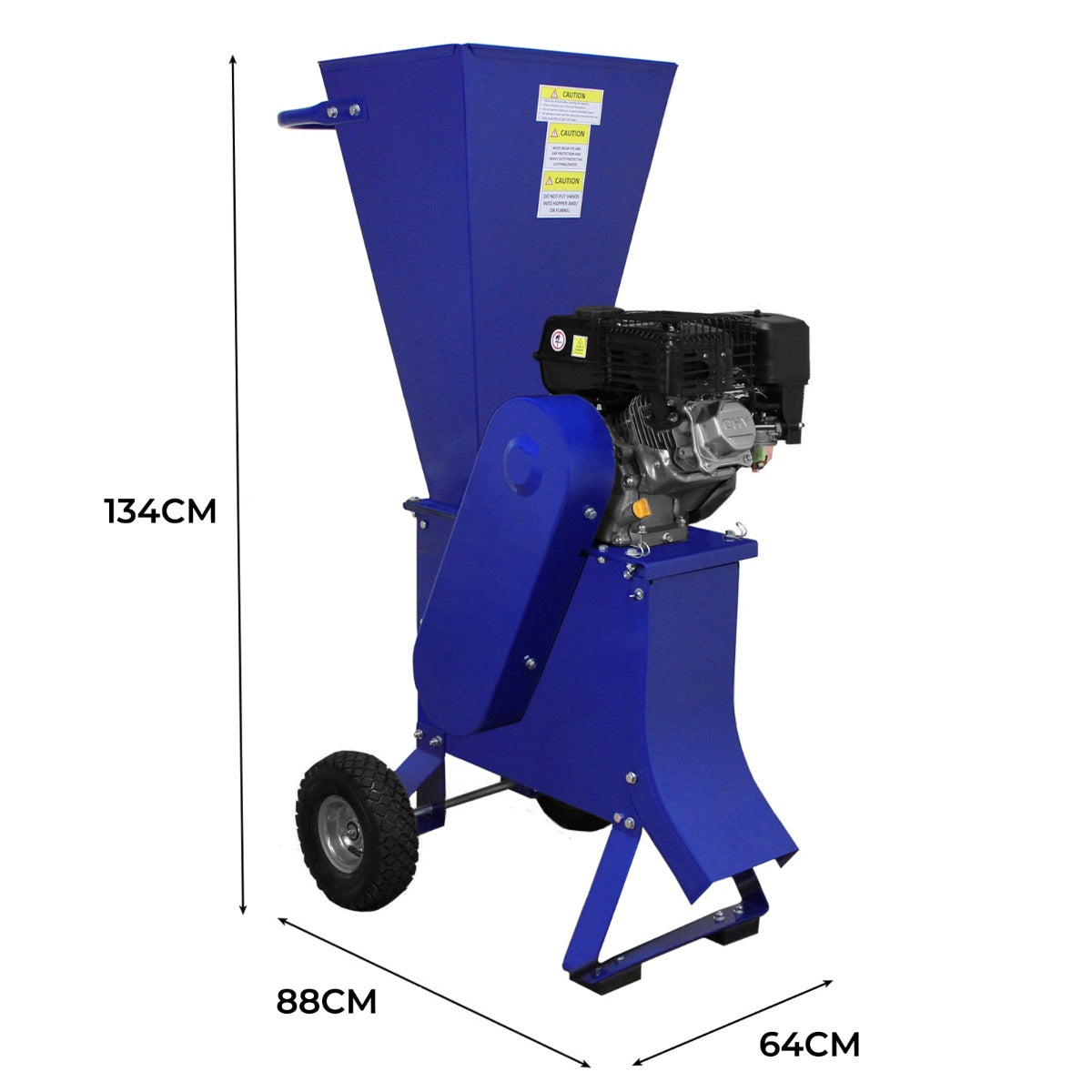 Blauer 15-PS-Holzhäcksler mit robustem Gehäuse, großen Rädern, einem hohen Trichter und einem leistungsstarken Motor, ideal für Gartenarbeiten