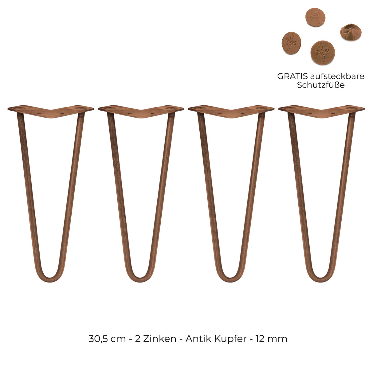 Vier antik kupferfarbene Tischbeine mit zwei Zinken, 30,5 cm hoch, aus robustem Metall, ideal für DIY-Möbelprojekte, inklusive gratis Schutzfüße