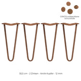 Vier antik kupferfarbene Tischbeine mit zwei Zinken, 30,5 cm hoch, aus robustem Metall, ideal für DIY-Möbelprojekte, inklusive gratis Schutzfüße