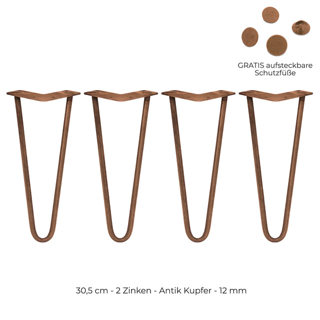 Vier antik kupferfarbene Tischbeine mit zwei Zinken, 30,5 cm hoch, aus robustem Metall, ideal für DIY-Möbelprojekte, inklusive gratis Schutzfüße