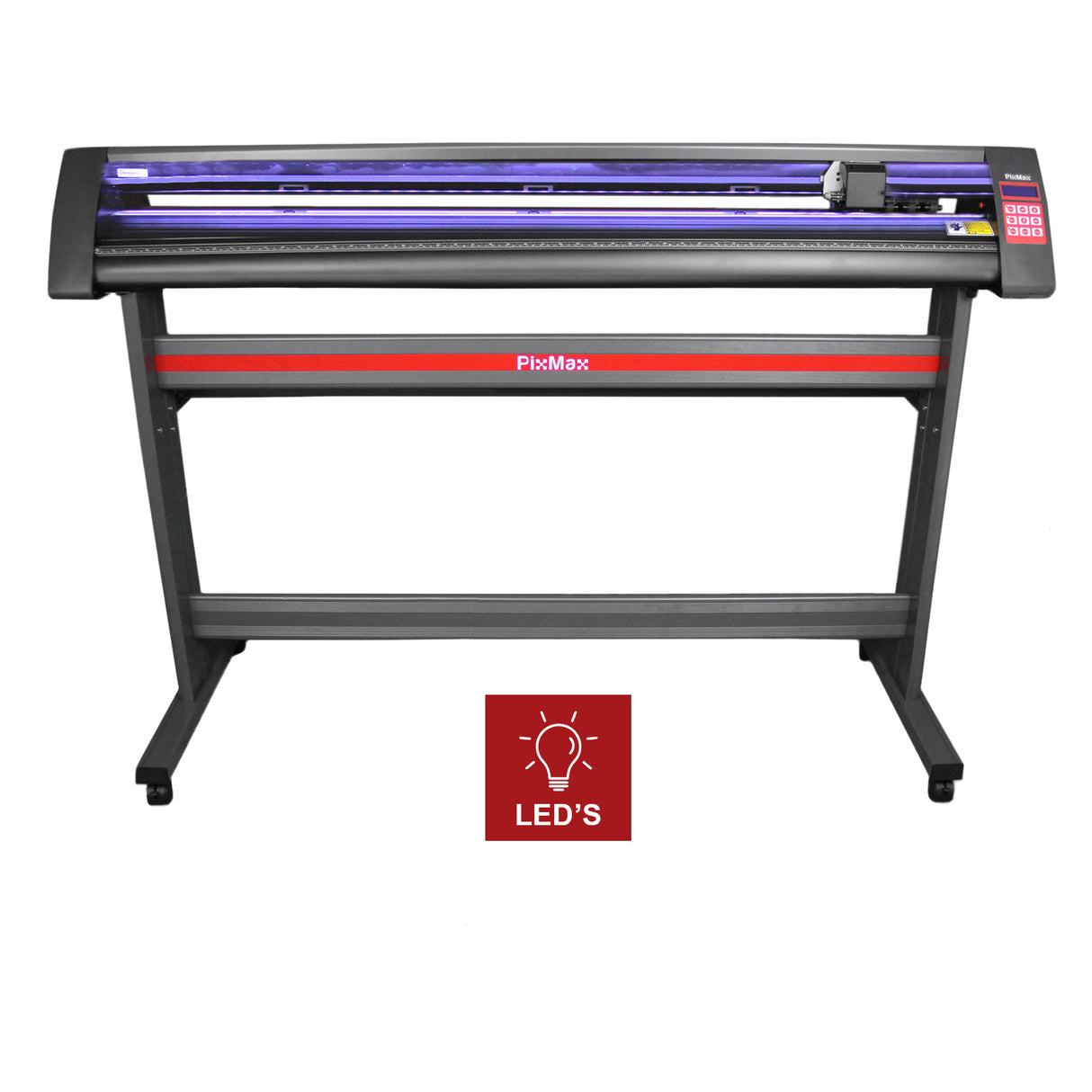 Vinylschneider in Schwarz mit rotem Streifen, 1350 mm, ausgestattet mit LED-Lichtleiter und stabilen Rollen für präzises Schneiden von Materialien