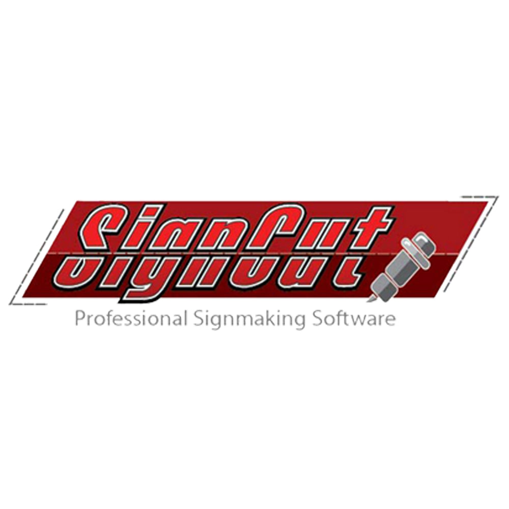 SignCut-Logo in Rot und Silber, mit einem stilisierten Schneidewerkzeug, betont professionelle Beschriftungssoftware für Vinylschneider