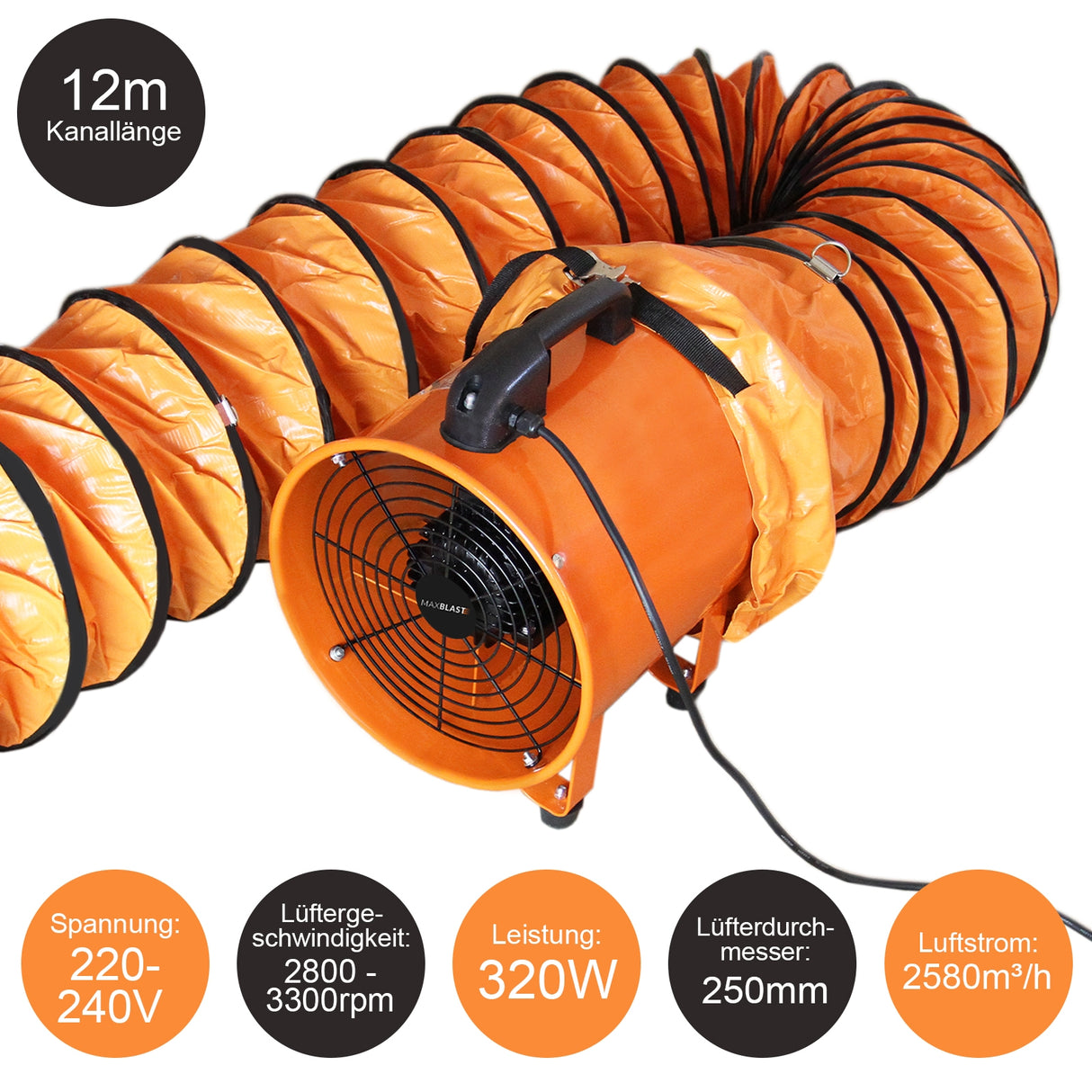 MAXBLAST Profesioneller Industrieventilator 250mm 320W - 12m Kanal
