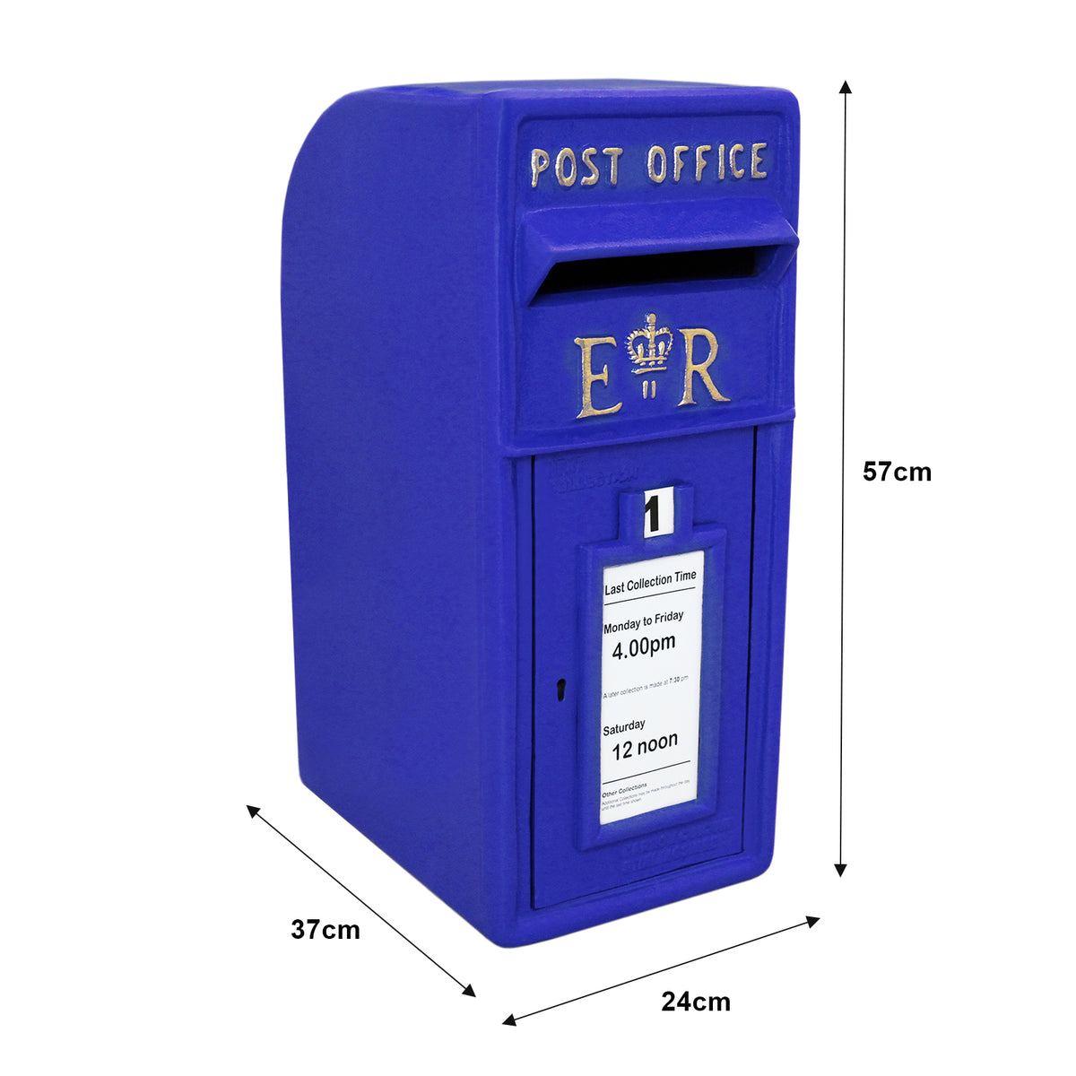 Blauer Briefkasten mit Bodenständer, 57 cm hoch, mit goldenen Buchstaben und einem Sichtfenster für die Abholzeiten