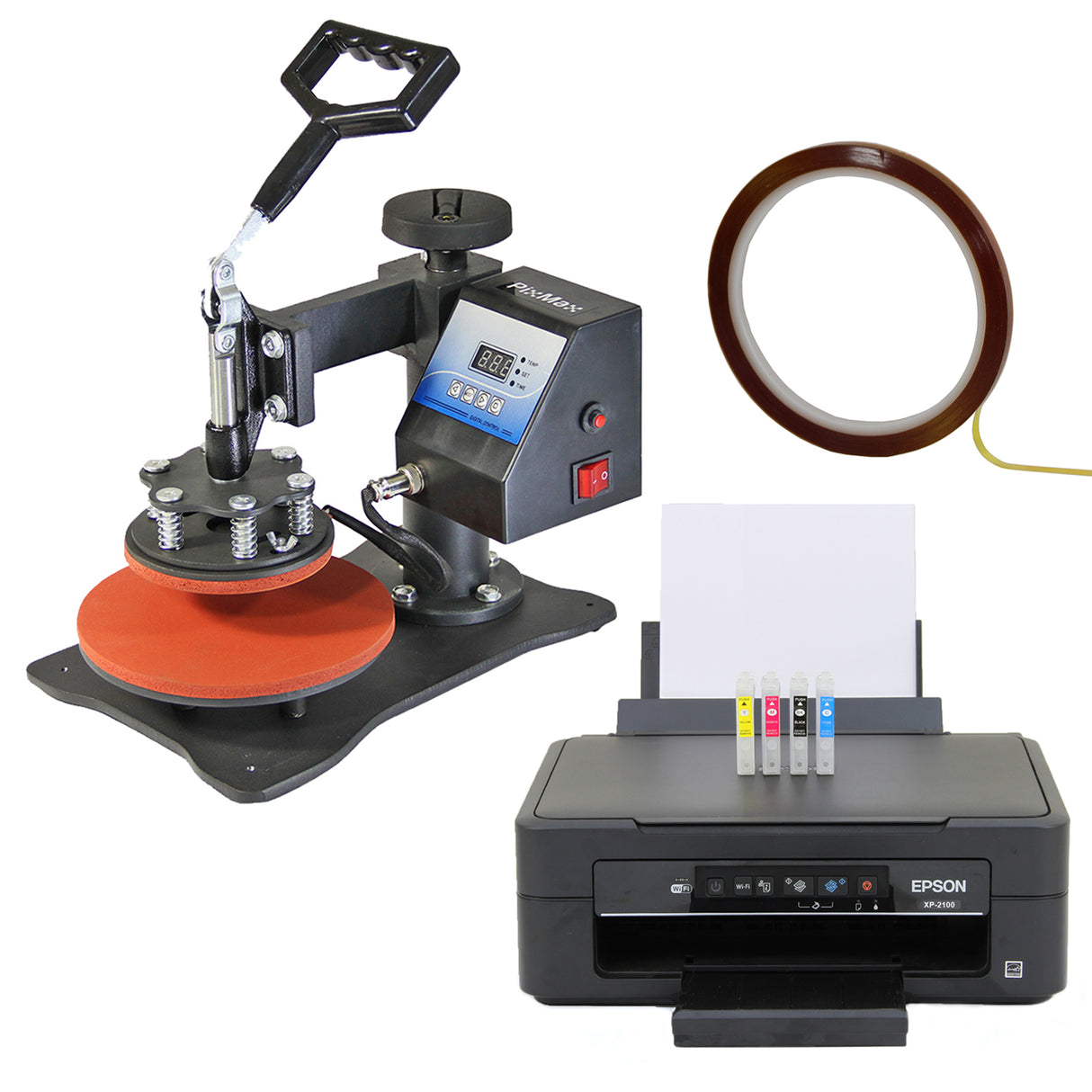 Plattenpresse mit roter Druckplatte, digitalem Display und Epson-Drucker in Schwarz, umgeben von Farbpatronen und einem Klebeband