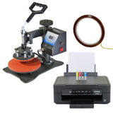 Plattenpresse mit roter Druckplatte, digitalem Display und Epson-Drucker in Schwarz, umgeben von Farbpatronen und einem Klebeband