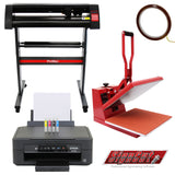 Klapppresse in Rot, 720-mm-Vinylschneider in Schwarz und Epson-Drucker mit bunten Tintenpatronen, ideal für professionelle Druck- und Schneidearbeiten