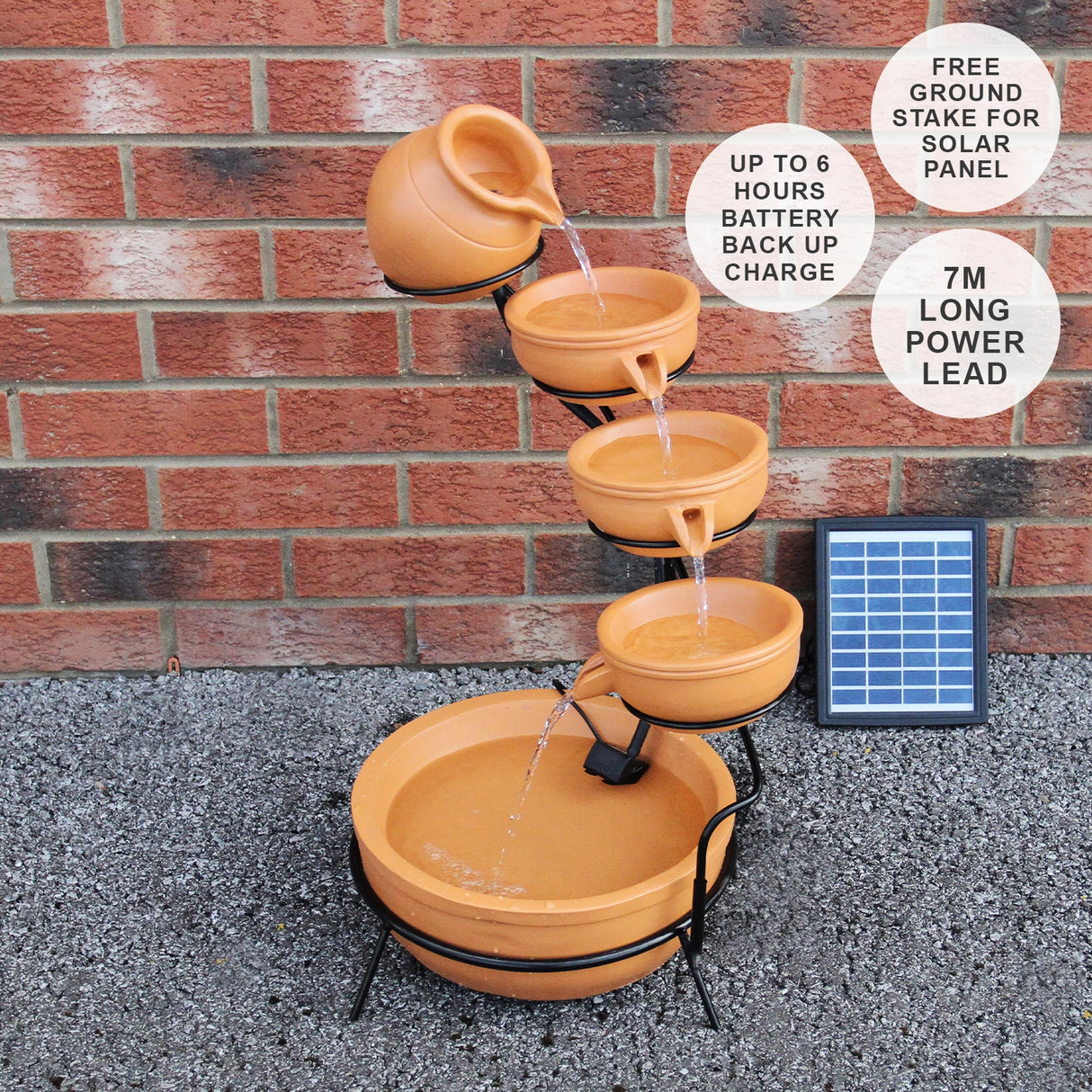 Solar Kaskadenbrunnen mit Akku - Terracotta