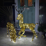 Zwei LED beleuchtete Rentiere in Gold, eines 61 cm und das andere 1,2 m hoch, mit funkelnden Lichtern und glitzerndem Geweih vor einer Haustür