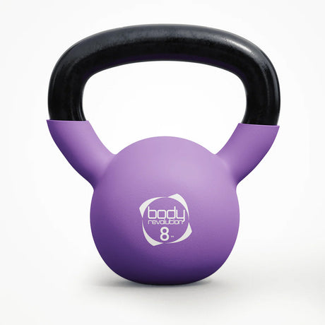 Lila 8-kg-Kettlebell aus Neopren mit schwarzem Griff, runde Form und matte Oberfläche, ideal für Krafttraining und Fitnessübungen