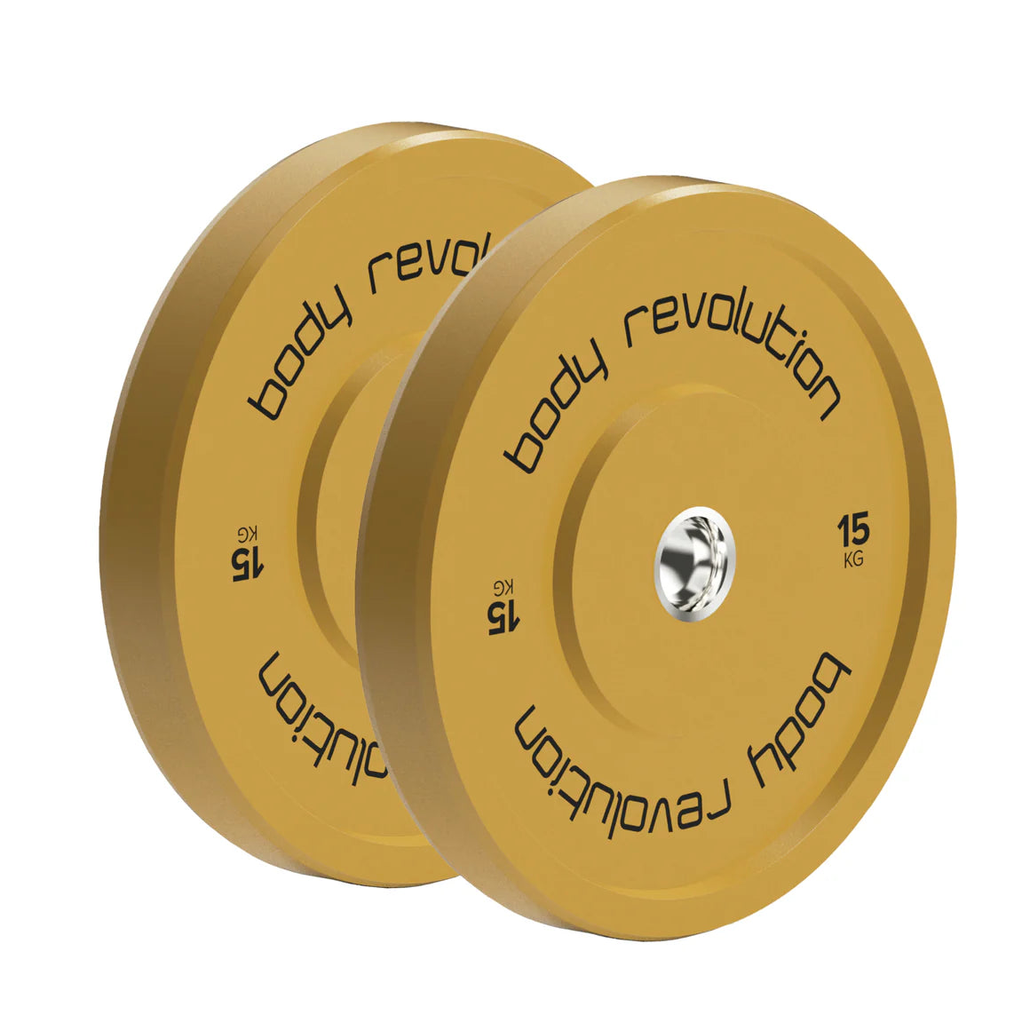 Farbige Bumper Plates in leuchtendem Gelb, 15 kg, mit schwarzem Schriftzug "body revolution" und glänzendem Metallkern, ideal für das Krafttraining