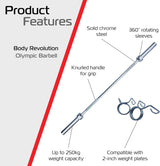 Olympische Hantelstange von Body Revolution, 122 cm lang, aus solidem verchromtem Stahl, mit rutschfestem Griff und drehbaren Aufsätzen, bis 250 kg belastbar