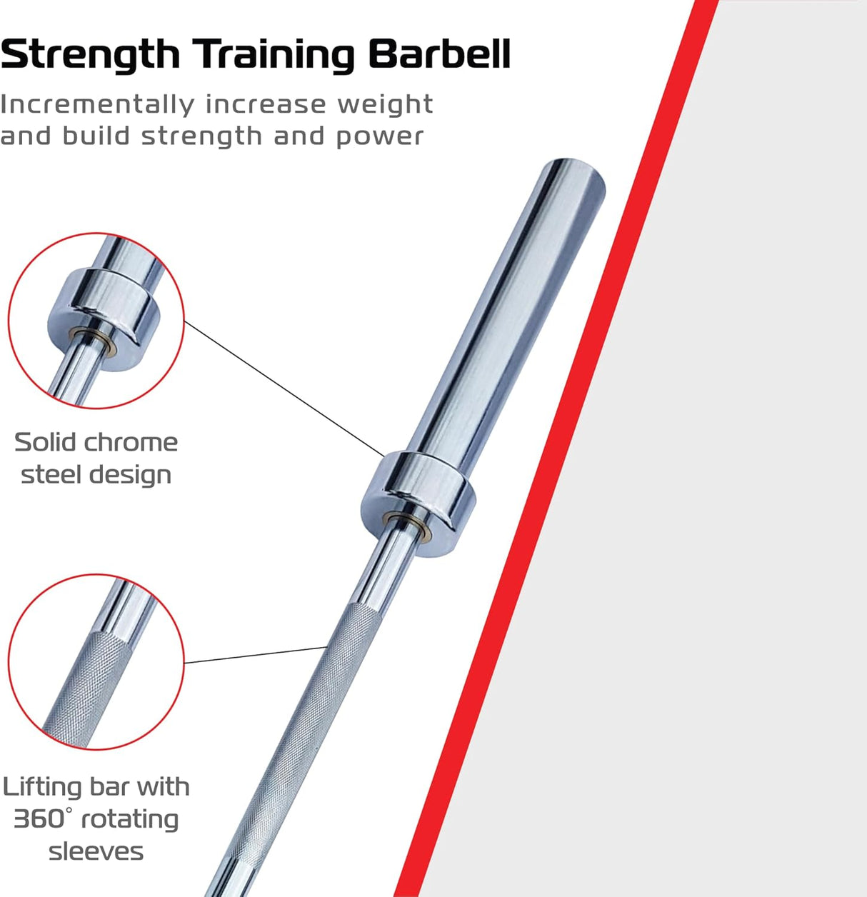 Robuste olympische Hantelstange aus verchromtem Stahl, 122 cm lang, mit rutschfester Griffoberfläche und drehbaren Hülse für optimales Training