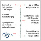 Knicke Curlstange aus solidem verchromtem Stahl, 1,2 m lang, mit knurligem Griff für sicheren Halt, inklusive Spinlock-Verschlüssen und bis zu 120 kg Tragfähigkeit
