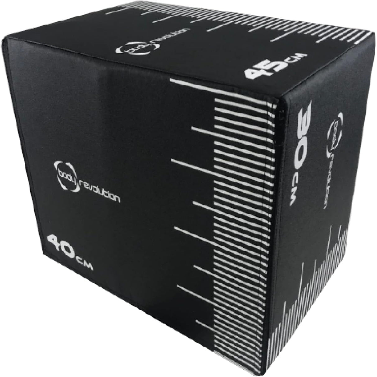 Schwarze Plyo Box von Body Revolution mit Maßstab, 30 cm, 40 cm und 45 cm hoch, aus strapazierfähigem Material für sicheres Training