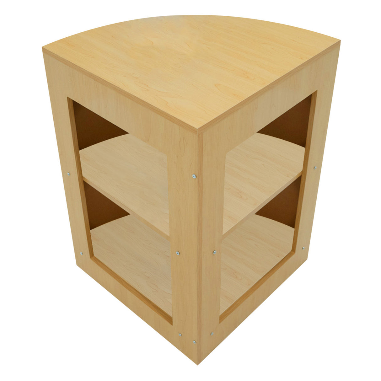 Eckige Verkaufstheke aus hellem Ahornholz mit zwei offenen Regalen, glatter Oberfläche und modernen, silbernen Schrauben für einen eleganten Look