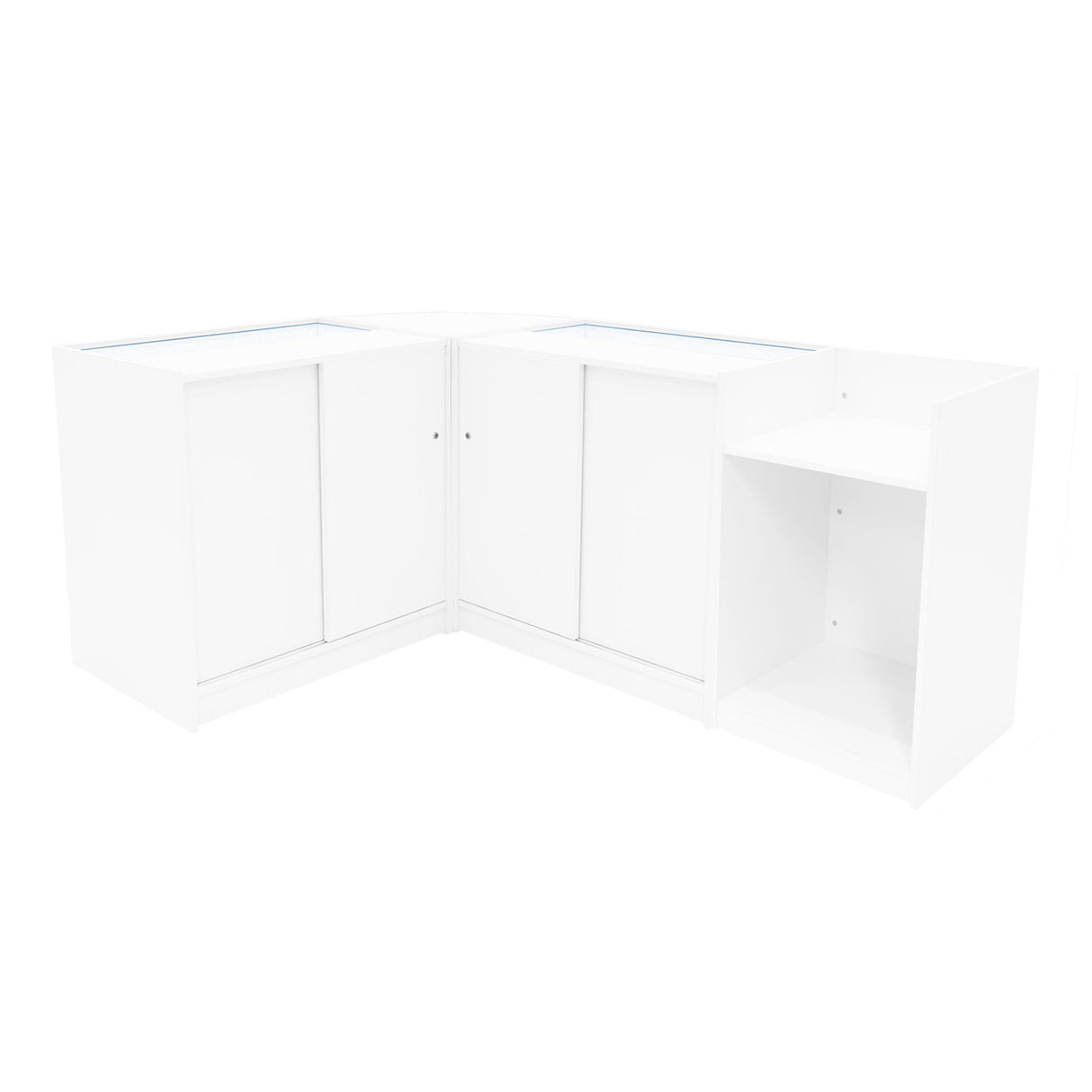 Elegantes Verkaufstheken-Set in Weiß, bestehend aus zwei Ecken, mit glatten Oberflächen, integrierten Schränken und offenen Regalen für optimalen Stauraum