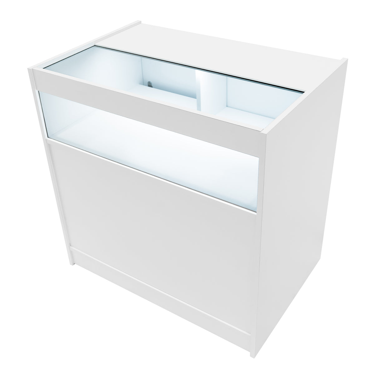 Weißes Verkaufstheken-Set mit Glasoberfläche, integrierter Beleuchtung und modernem, minimalistischen Design, ideal für Verkaufsräume und Ausstellungen