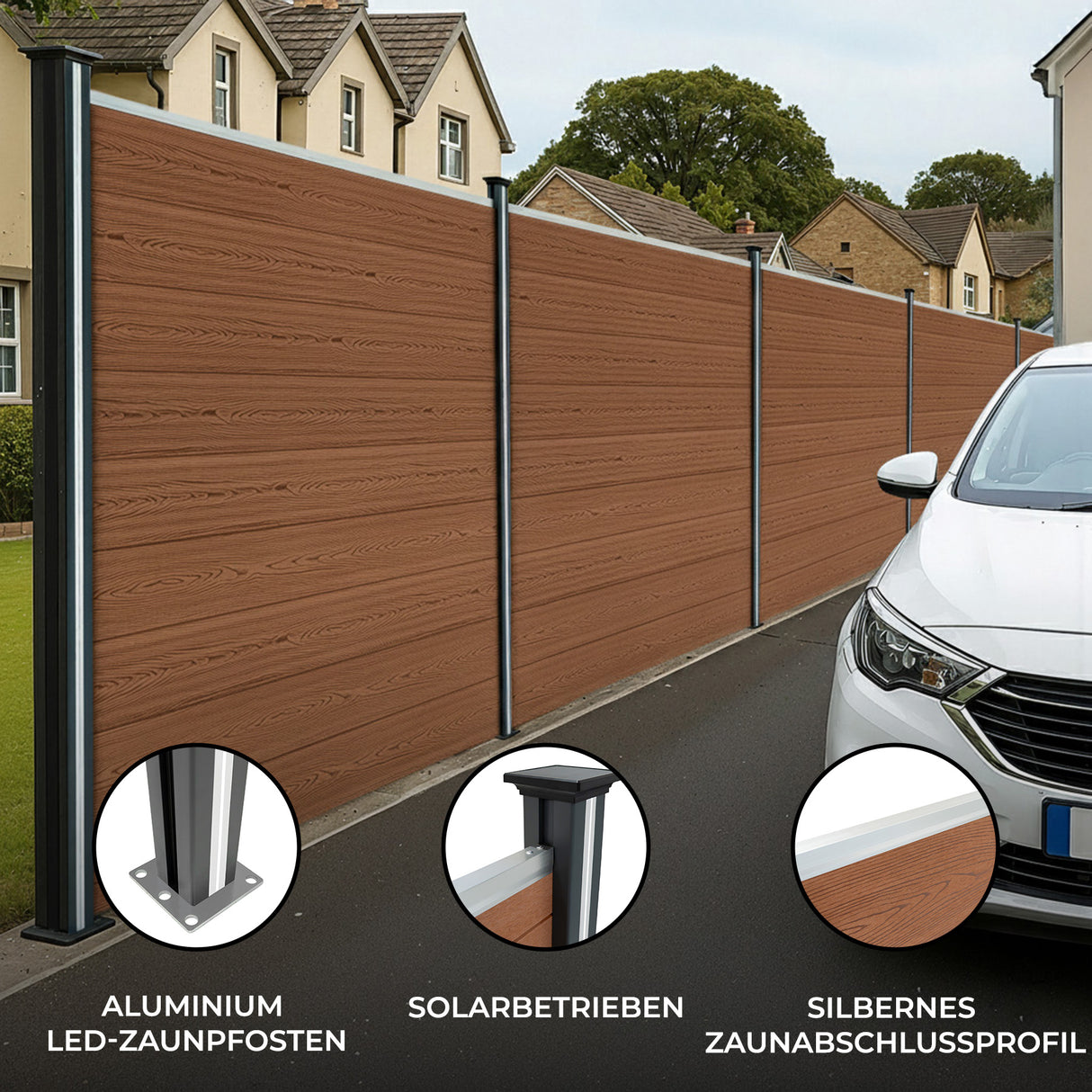 WPC Sichtschutzzaun x1, Eckstück x1 & LED Zaunpfosten x2 - Braun