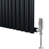 Schwarzer Gliederheizkörper mit TRV Chromventilen, 600mm x 600mm, glänzende Oberfläche, schlankes Design, ideal für moderne Innenräume