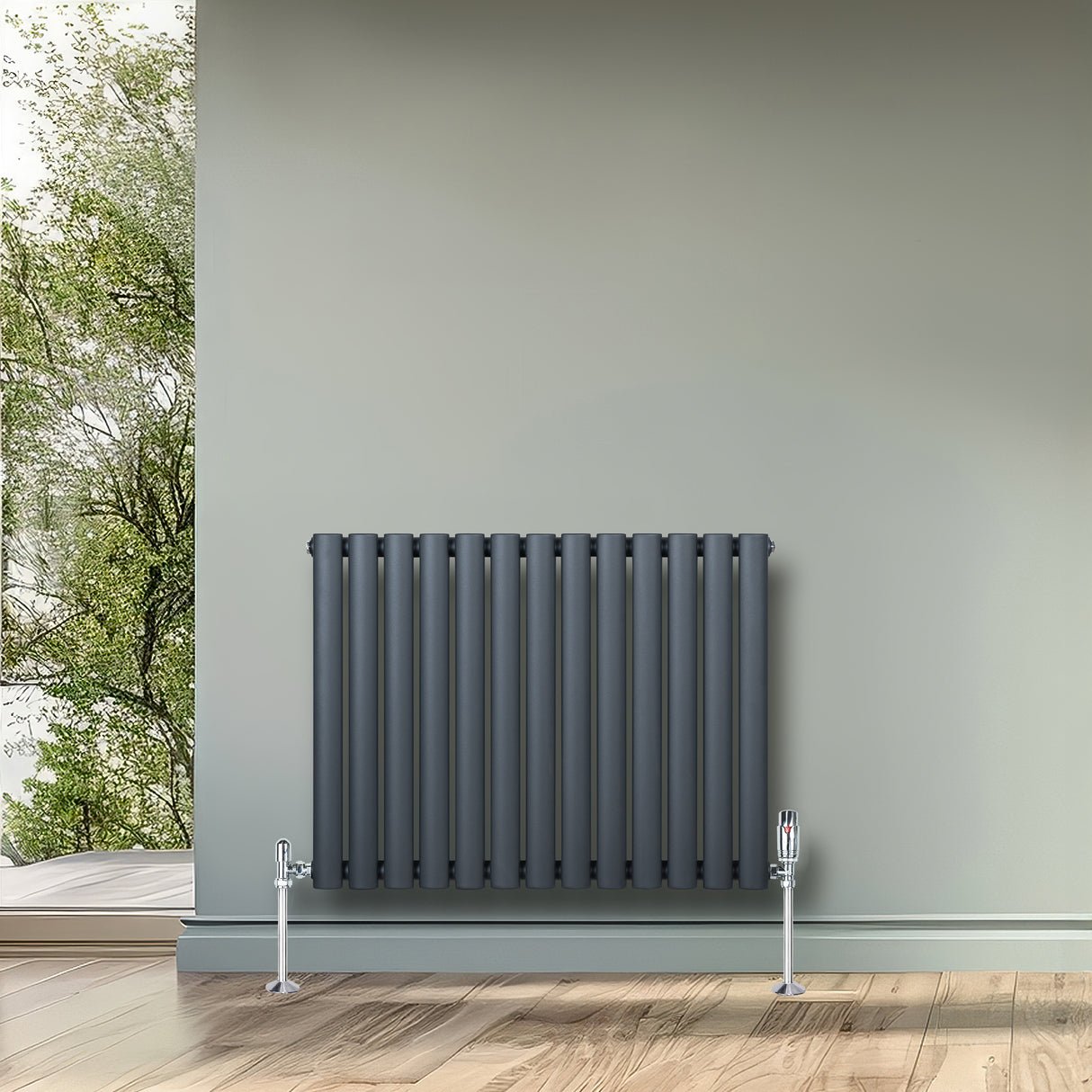 Gliederheizkörper in Anthrazitgrau mit TRV Chromventilen, 600mm x 780mm, vertikale Röhren, moderne Gestaltung, ideal für stilvolle Räume
