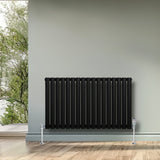 Schwarzer Gliederheizkörper mit TRV Chromventilen, 600mm x 1020mm, moderne Linienführung, elegant und funktional, ideal für stilvolle Räume