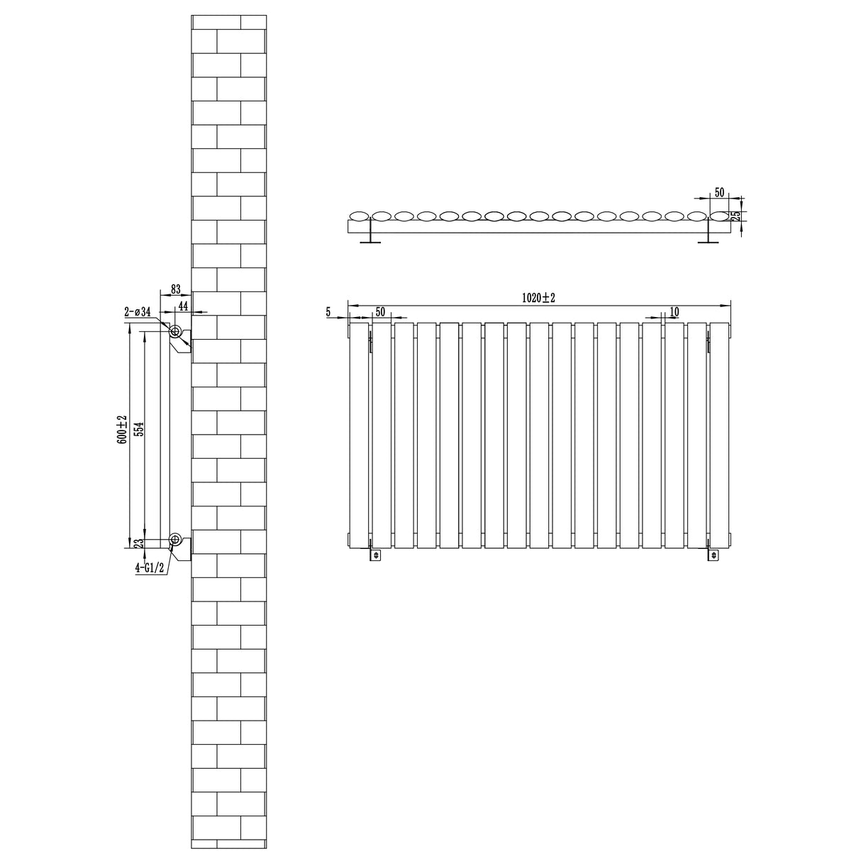 Schwarz lackierter Gliederheizkörper mit TRV Chromventilen, Maße 600mm x 1020mm, zeigt klare Linien und eine moderne, elegante Form für effiziente Wärmeverteilung