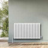 Gliederheizkörper in Weiß mit TRV Chromventilen, 600mm x 1020mm, elegant an einer hellen Wand, umgeben von natürlichem Licht und Holzfußboden