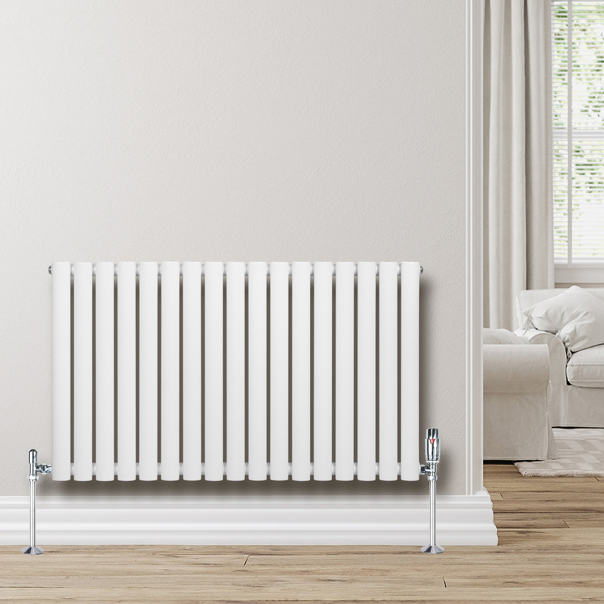 Weißer Gliederheizkörper mit TRV Chromventilen, 600mm x 1020mm, glänzende Oberfläche, modern, ideal für Wohnräume, auf Holzfußboden platziert