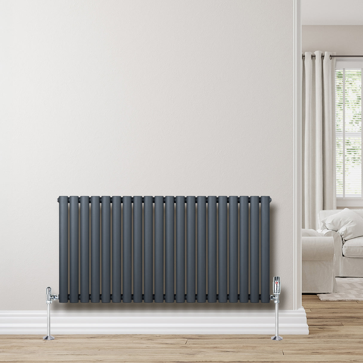 Anthrazitgrauer Gliederheizkörper mit TRV Chromventilen, 600mm x 1200mm, vertikale Röhrenstruktur, modern und elegant, ideal für Wohnräume