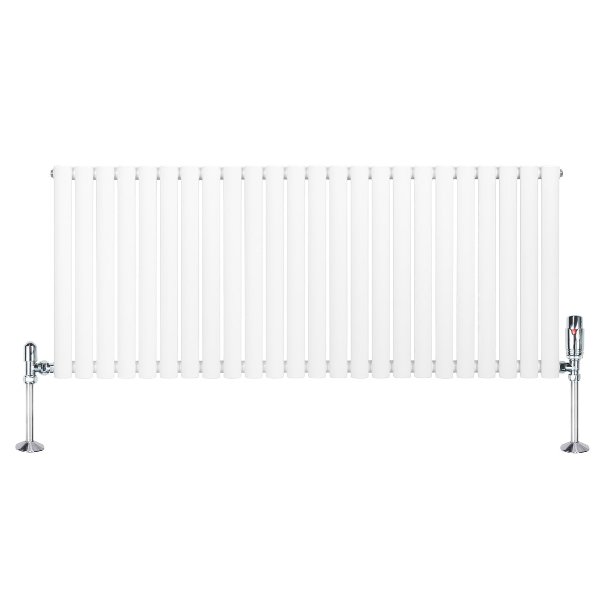 Weißer Gliederheizkörper mit TRV Chromventilen, 600mm x 1440mm, schlankes Design, glatte Oberfläche und glänzende Chromdetails für moderne Innenräume
