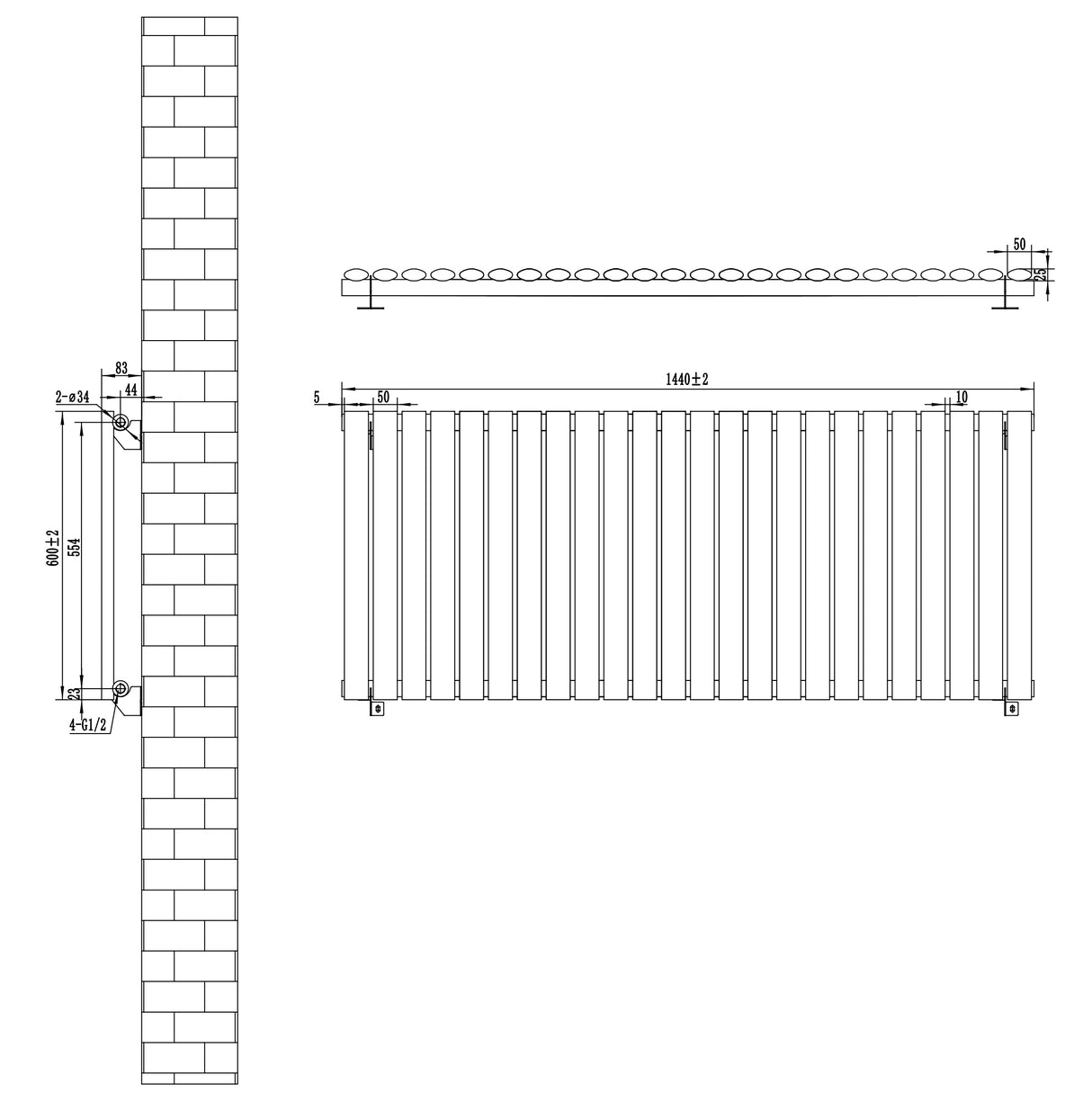 Gliederheizkörper in Weiß mit TRV Chromventilen, Maße 600mm x 1440mm, zeigt klare Linien und eine glatte Oberfläche für modernen Stil