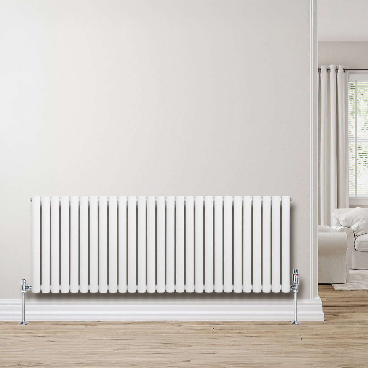 Weißer Gliederheizkörper mit TRV Chromventilen, 600mm x 1620mm, glänzende Oberfläche, moderne Linien, ideal für Wohnräume und effiziente Wärmeverteilung