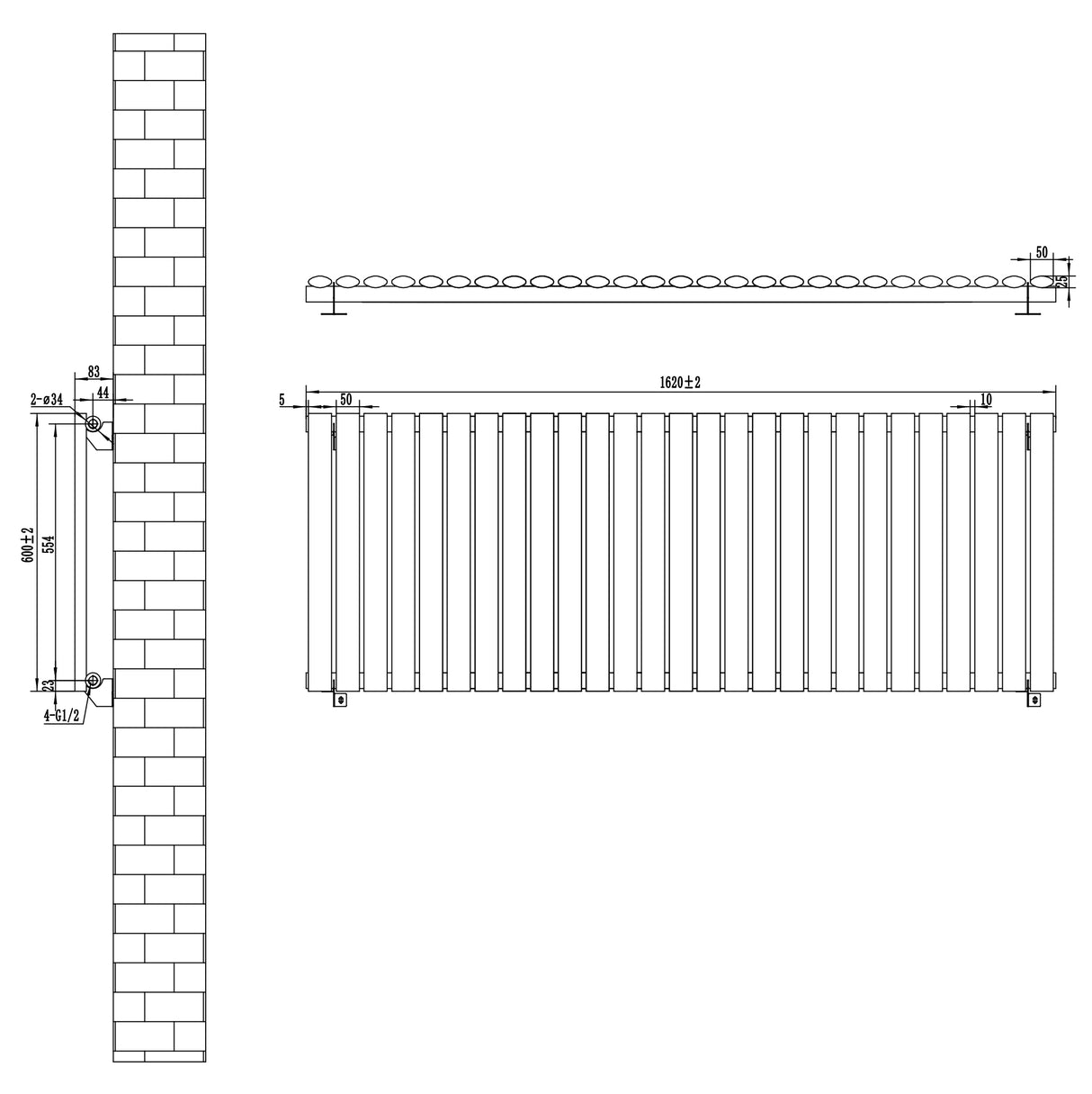 Gliederheizkörper in Weiß mit TRV Chromventilen, 600mm x 1620mm, zeigt präzise Maße und klare Linien für moderne Heizlösungen