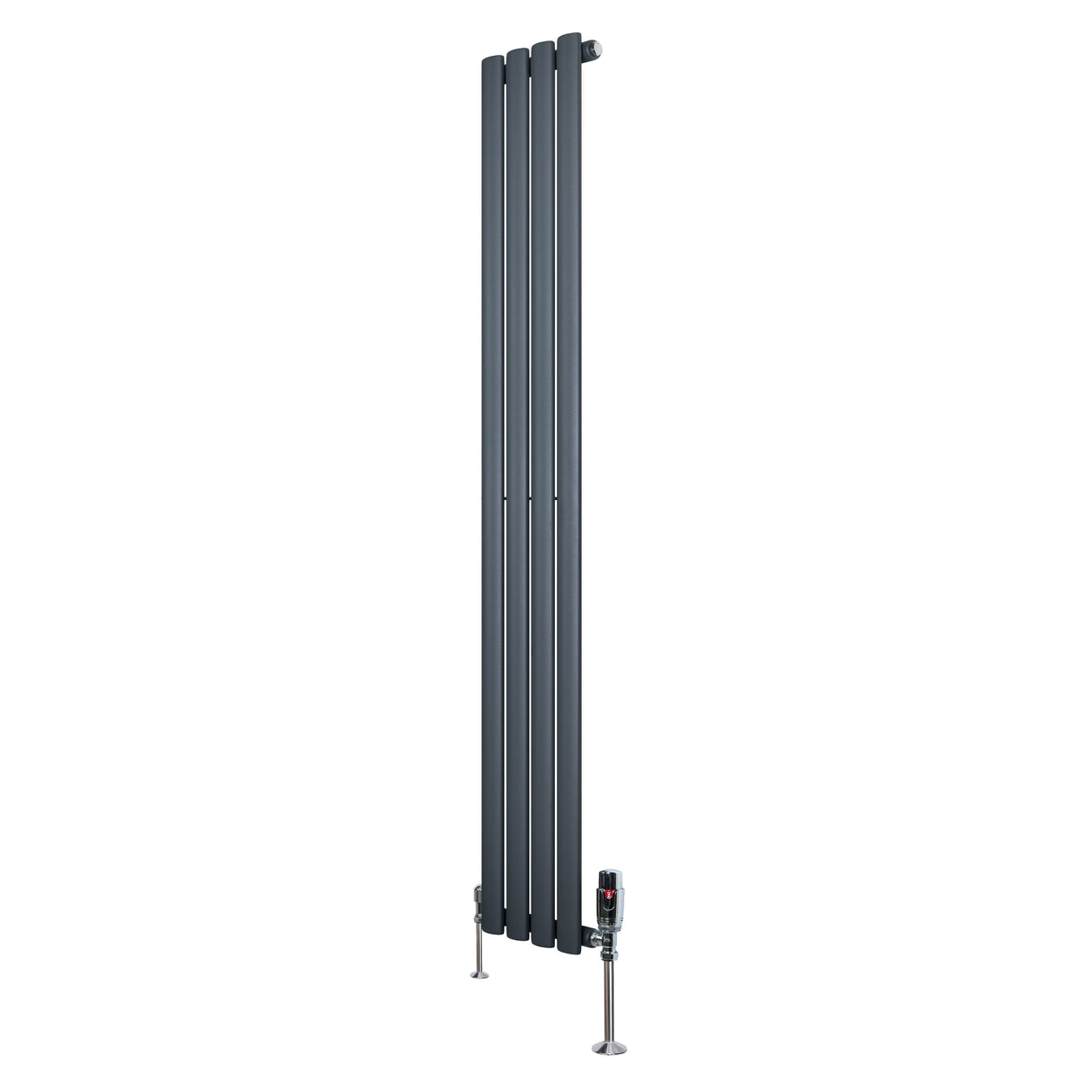 Eleganter Gliederheizkörper in Anthrazitgrau mit TRV Chromventilen, 1600mm hoch und 240mm breit, bietet stilvolle Wärme und moderne Ästhetik