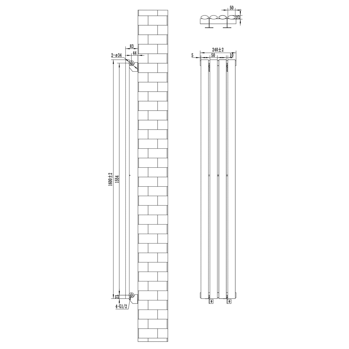 Gliederheizkörper in Weiß mit TRV Chromventilen, Maße 1600mm x 240mm, schlankes Design, geeignet für moderne Innenräume, klare Linien und glatte Oberfläche