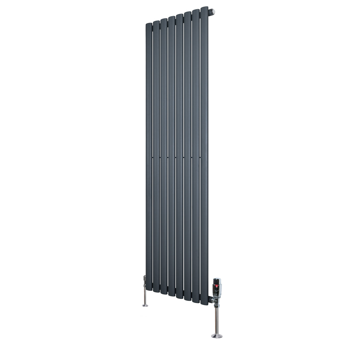 Gliederheizkörper in Anthrazitgrau, 1600mm x 480mm, mit TRV Chromventilen, schlankes Design und glatte Oberflächenstruktur für moderne Innenräume