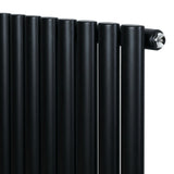 Schwarzer Gliederheizkörper mit TRV Chromventilen, 1600mm x 480mm, aus robustem Material, mit glatten, runden Röhren und glänzenden Ventilen