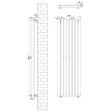 Schwarzer Gliederheizkörper mit TRV Chromventilen, Maße 1600mm x 480mm, vertikale Heizrippen, moderne und elegante Designlinien