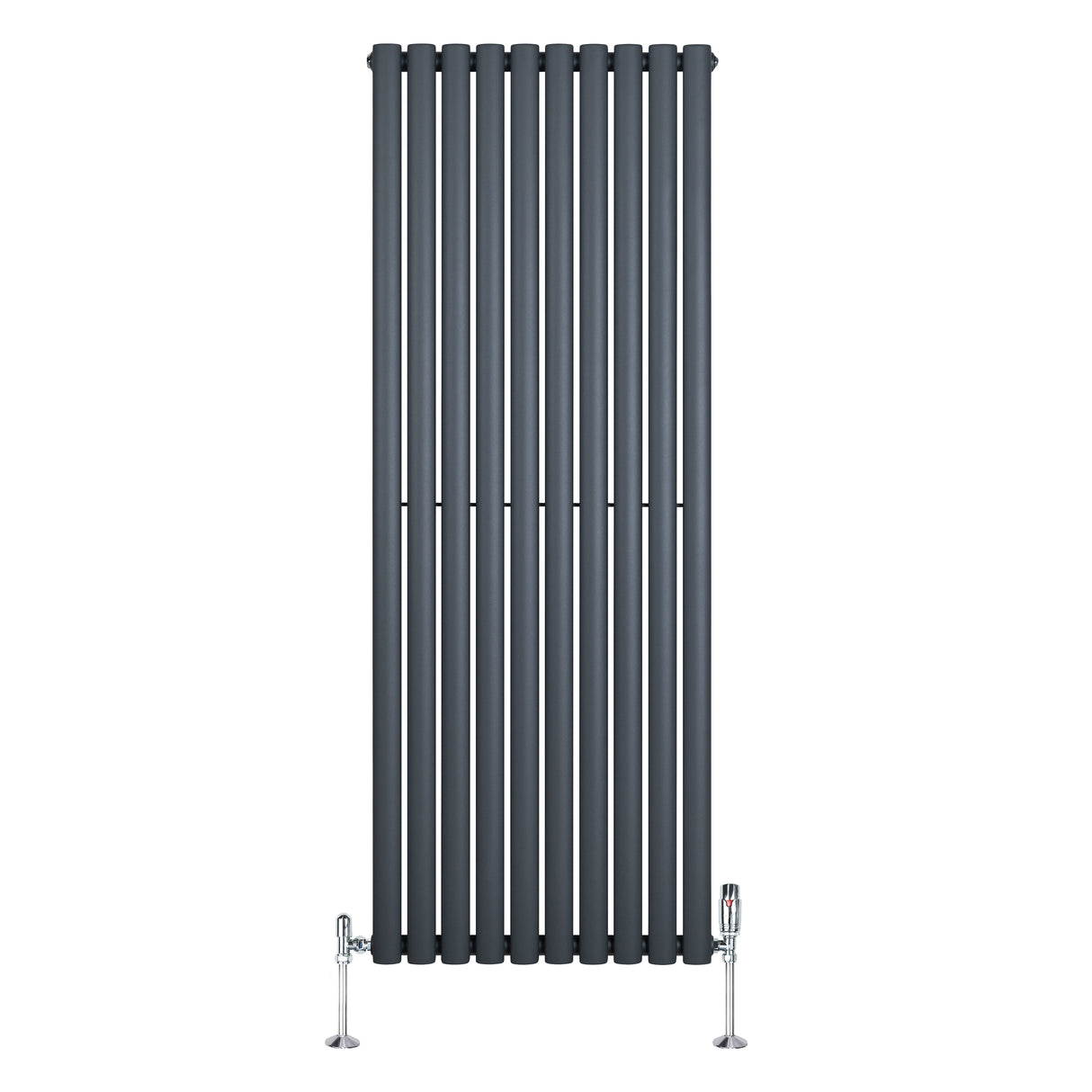 Gliederheizkörper in Anthrazitgrau, 1600mm x 600mm, mit TRV Chromventilen, vertikale Lamellenstruktur und glatte Oberfläche für moderne Räume