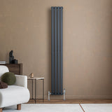 Eleganter Gliederheizkörper in Anthrazitgrau mit TRV Chromventilen, 1800mm x 240mm, an einer warmen Wand, ergänzt durch moderne Möbel und Dekor