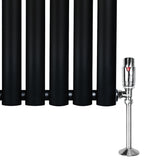 Schwarzer Gliederheizkörper mit TRV Chromventilen, 1800mm x 240mm, glänzende Oberfläche und moderne, runde Röhrenform für stilvolle Heizlösungen