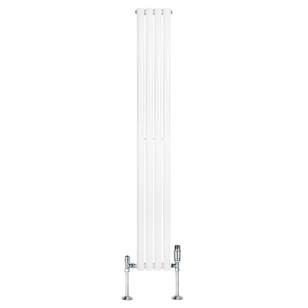 Hochformatiger, weißer Gliederheizkörper mit TRV Chromventilen, 1800mm x 240mm, glänzende Oberflächen und schlankes, modernes Design