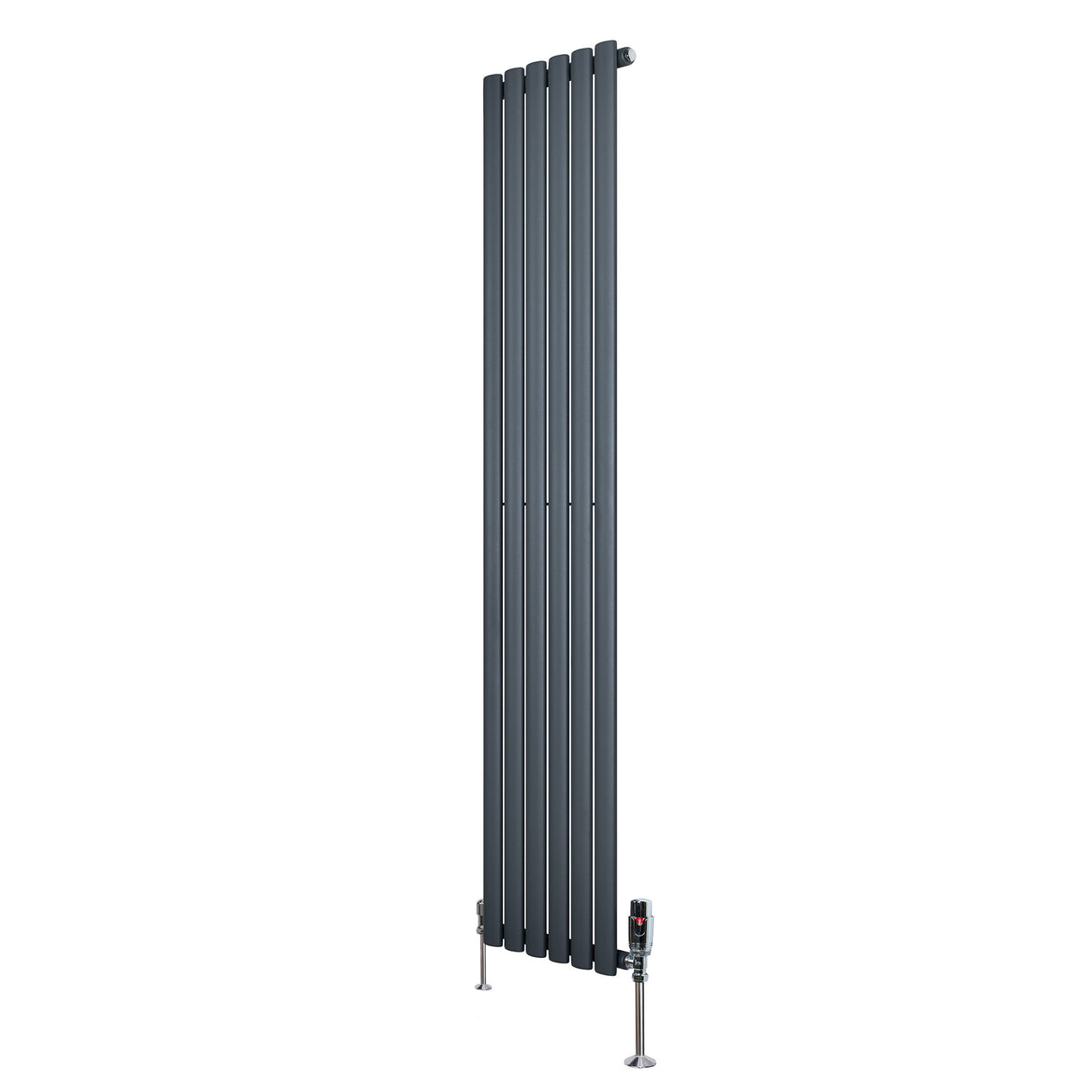 Eleganter Gliederheizkörper in Anthrazitgrau, 1800mm x 360mm, mit glänzenden Chromventilen, schlankes Design und glatte Oberflächen für moderne Innenräume
