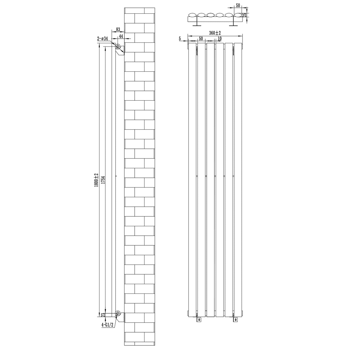 Gliederheizkörper in Weiß mit TRV Chromventilen, Maße 1800mm x 360mm, schlankes Design, ideal für moderne Innenräume und effiziente Wärmeverteilung