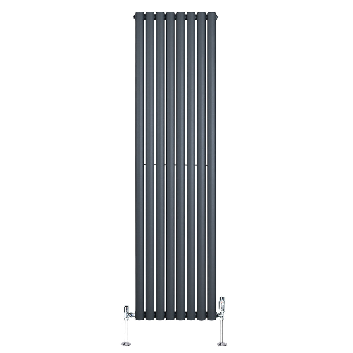 Anthrazitgrauer Gliederheizkörper mit TRV Chromventilen, 1800mm hoch und 480mm breit, vertikale Lamellenstruktur und glänzende Oberflächen