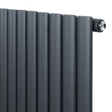 Gliederheizkörper in Anthrazitgrau mit TRV Chromventilen, 1800mm x 600mm, zeigt schlanke, vertikale Röhren und glatte Oberflächen für modernes Design